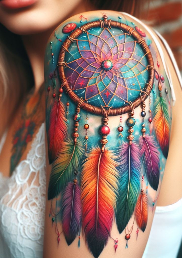 Dream Catcher Tattoos: 13 Dreamy Designs to Catch Your Eye | Pocoko Whispers on the Wind: Classic Dreamcatcher with Delicate Feathers: Capture the essence of dream filtering with a classic dreamcatcher tattoo. Intricate webbing within the hoop symbolizes the intricate process of dreams, while soft feathers represent catching good dreams and letting go of bad ones carried on the wind.