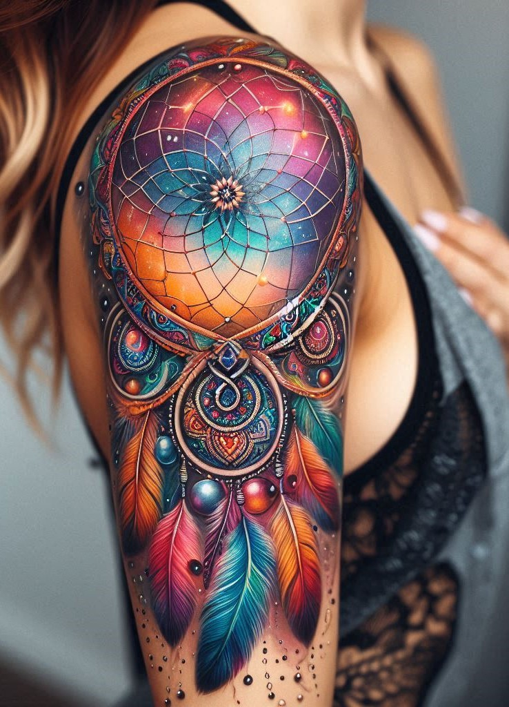 Dream Catcher Tattoos: 13 Dreamy Designs to Catch Your Eye | Pocoko Earth's Embrace: Classic Dreamcatcher with Woven Flowers and Leaves: Embrace the grounding power of nature with a classic dreamcatcher design. Woven flowers and leaves within the hoop symbolize the calming influence of nature on your dreams, fostering peaceful slumber and connection to the earth.