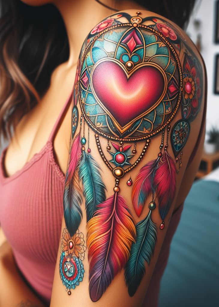 Dream Catcher Tattoos: 13 Dreamy Designs to Catch Your Eye | Pocoko Love's Embrace: Dreamcatcher with a Heart and Delicate Flowers: Capture the essence of love and peaceful dreams with a beautiful dreamcatcher design. Intricate webbing surrounds a central heart shape, while soft flowers are woven into the design. This tattoo symbolizes the dreamcatcher filtering dreams filled with love, compassion, and the nurturing energy of the heart.