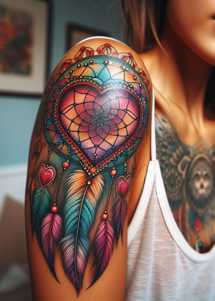 Dream Catcher Tattoos: 13 Dreamy Designs to Catch Your Eye | Pocoko Guiding Your Passion: Dreamcatcher with a Flaming Heart and Arrows: Express your passionate spirit and dream protection with a vibrant dreamcatcher tattoo. The dreamcatcher features a central design of a flaming heart, while feathers and arrows are woven into the design. This tattoo symbolizes the dreamcatcher filtering dreams fueled by your passions, guiding your desires with clarity and purpose.