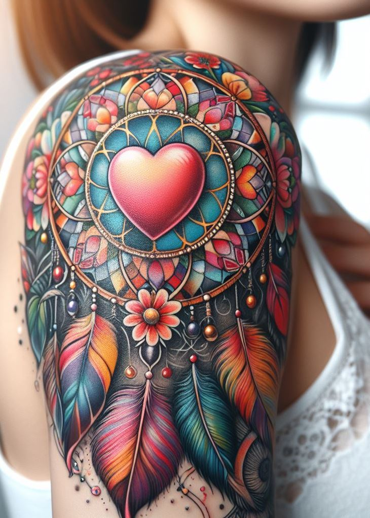 Dream Catcher Tattoos: 13 Dreamy Designs to Catch Your Eye | Pocoko Memories Woven Tight: Dreamcatcher with a Heart-Shaped Locket and Photos: Personalize your dreamcatcher with a unique tattoo design. The dreamcatcher features intricate webbing surrounding a heart-shaped locket. Tiny photos, representing cherished memories, peek out from the locket opening. Delicate feathers are woven into the design, symbolizing the dreamcatcher filtering dreams filled with treasured memories and loved ones.