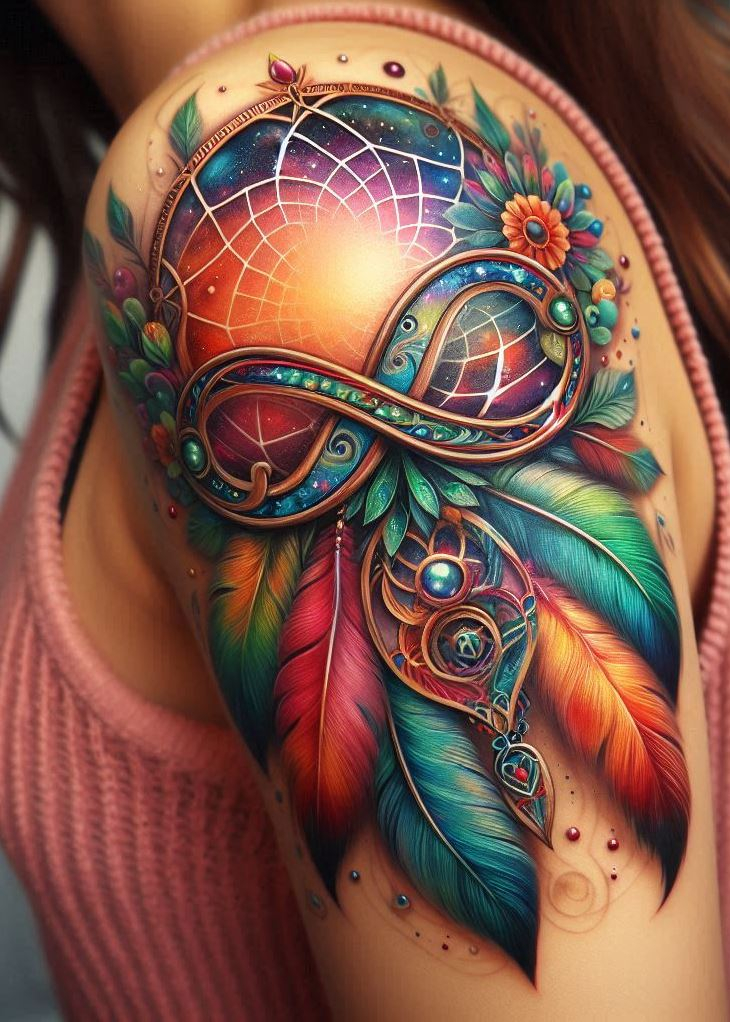 Dream Catcher Tattoos: 13 Dreamy Designs to Catch Your Eye | Pocoko Endless Dreams: Infinity Dreamcatcher with Flowing Web and Feathers: Capture the limitless nature of dreams with an infinity-themed dreamcatcher tattoo. The infinity symbol elegantly replaces the traditional hoop, its continuous loop adorned with intricate webbing. Delicate feathers are woven into the design, symbolizing the endless possibilities your dreams hold and the never-ending cycle of sleep and awakening.