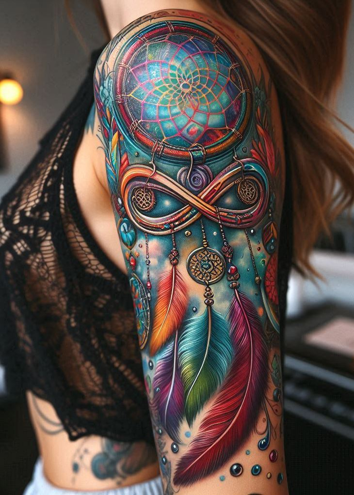 Dream Catcher Tattoos: 13 Dreamy Designs to Catch Your Eye | Pocoko Connected Dreamscapes: Infinity Dreamcatcher with Two Intertwined Hoops: Embrace the interconnectedness of dreams with an infinity-themed dreamcatcher tattoo. Two dreamcatcher hoops, each filled with intricate webbing, are intertwined to form the infinity symbol. Feathers are woven into both hoops, representing the potential for shared dreams and the way our subconscious minds can connect.