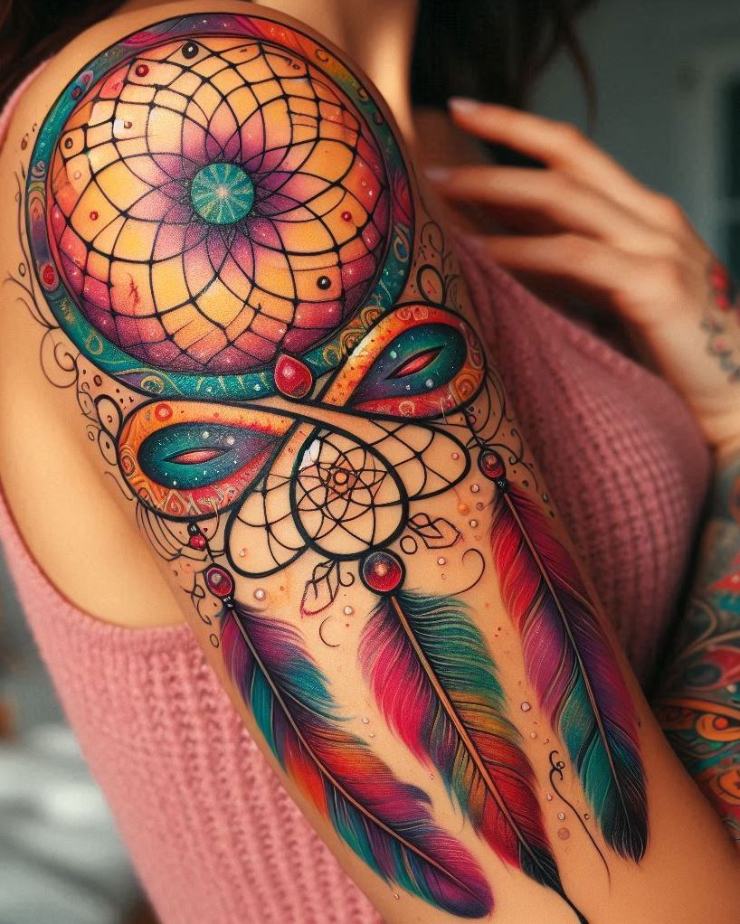Dream Catcher Tattoos: 13 Dreamy Designs to Catch Your Eye | Pocoko Everlasting Protection: Infinity Dreamcatcher with Feathers and Gemstones: Express the enduring power of dream filtering with an infinity-themed dreamcatcher tattoo. The infinity symbol forms the main frame, its continuous loop adorned with intricate webbing. Glittering gemstones and vibrant feathers are woven into the design, representing the everlasting protection the dreamcatcher offers throughout your endless journey through the dreamworld.