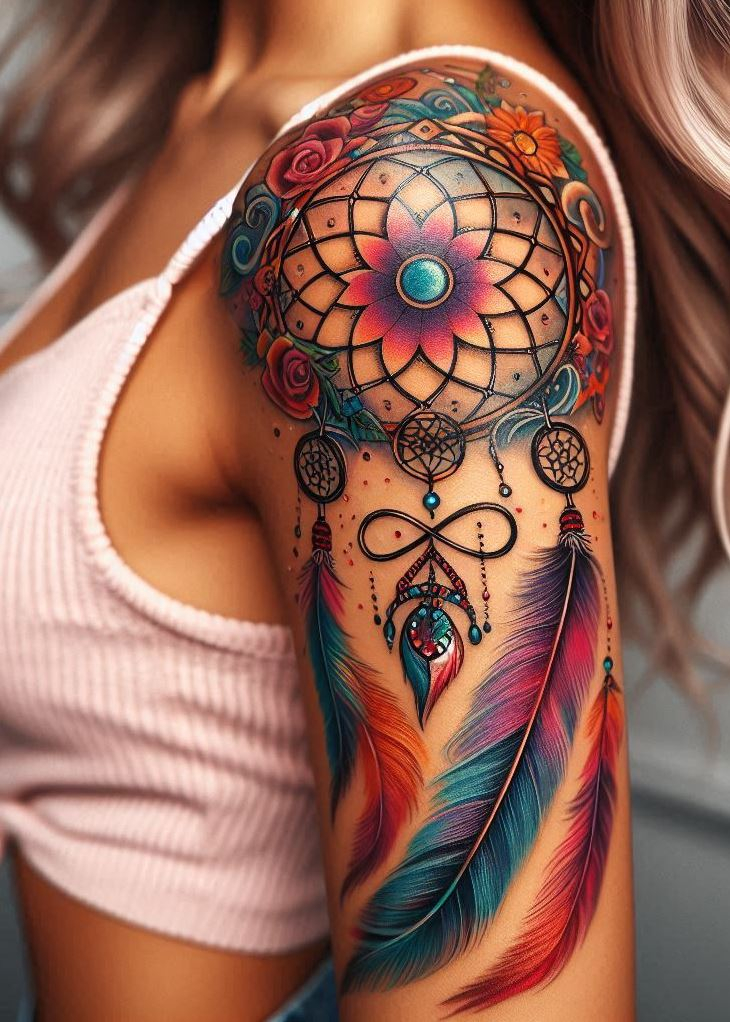 Dream Catcher Tattoos: 13 Dreamy Designs to Catch Your Eye | Pocoko Evolving Dreamscape: Infinity Dreamcatcher with Phases of the Moon: Capture the ever-changing nature of dreams with an infinity-themed dreamcatcher tattoo. The infinity symbol forms the frame, its continuous loop adorned with phases of the moon woven within the intricate webbing. Delicate feathers are woven into the design, symbolizing the influence of the moon on your dreams and the way they evolve throughout the lunar cycle.