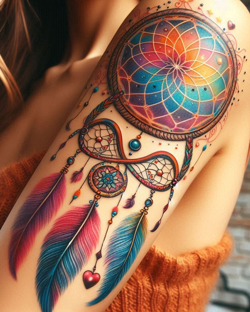 Dream Catcher Tattoos: 13 Dreamy Designs to Catch Your Eye | Pocoko Unending Potential: Infinity Dreamcatcher with Watercolor Galaxy and Stars: Embrace the limitless potential within your dreams with an infinity-themed dreamcatcher tattoo. The infinity symbol forms the frame, its continuous loop painted in a swirling watercolor galaxy adorned with twinkling stars. Feathers painted in various colors are woven into the design, representing the vastness and the potential for limitless exploration within your dreamscape.