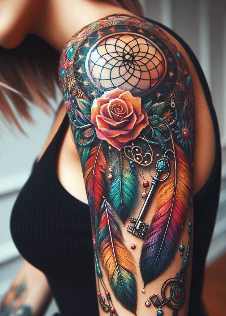 Dream Catcher Tattoos: 13 Dreamy Designs to Catch Your Eye | Pocoko Whispers of the Past: Dreamcatcher with an Ancient Key and Clock: Capture the secrets of your past with a thought-provoking dreamcatcher tattoo. The dreamcatcher features intricate webbing surrounding an ornately detailed key nestled beside a clock face. Feathers are woven into the design, symbolizing the dreamcatcher filtering dreams that unlock forgotten memories and the wisdom of the past.