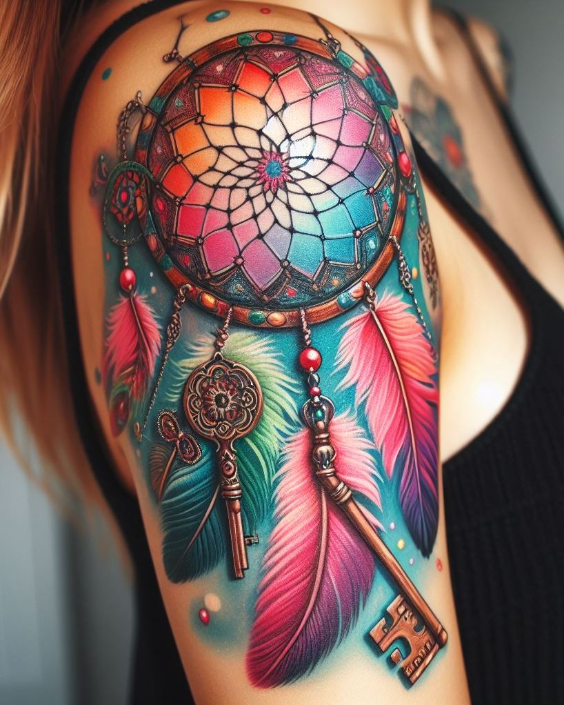Dream Catcher Tattoos: 13 Dreamy Designs to Catch Your Eye | Pocoko Unveiling Destiny: Dreamcatcher with a Keyhole and a Compass: Capture the journey of self-discovery with a captivating dreamcatcher tattoo. The dreamcatcher features intricate webbing surrounding a keyhole with a compass peeking through. Feathers are woven into the design, symbolizing the dreamcatcher filtering dreams that guide you on your path towards personal fulfillment and unlock the key to your true destiny.
