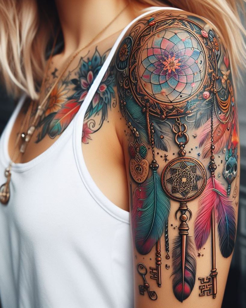 Dream Catcher Tattoos: 13 Dreamy Designs to Catch Your Eye | Pocoko Dreamweaver's Touch: Dreamcatcher with a Key and Beads: Embrace the creative power of your dreams with a unique dreamcatcher tattoo. The design features intricate webbing surrounding a key adorned with colorful beads. Feathers are woven into the design, symbolizing the dreamcatcher filtering dreams that spark inspiration and unlock new ideas, transforming your creative vision into reality.