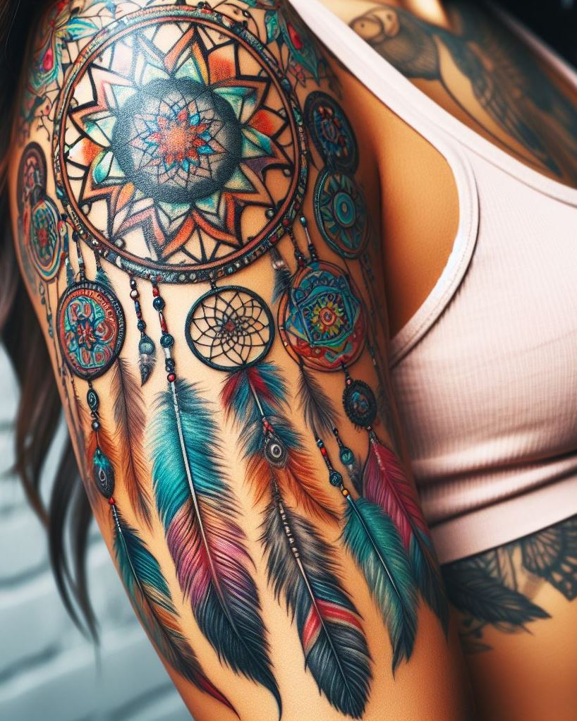 Dream Catcher Tattoos: 13 Dreamy Designs to Catch Your Eye | Pocoko Ancient Protection: Tribal Dreamcatcher with Bold Lines and Geometric Patterns: Embrace the power of tradition with a tribal-style dreamcatcher tattoo. Bold black lines create a striking design, featuring geometric shapes and intricate webbing within the hoop. Feathers with sharp angles are woven into the design, representing an ancient symbol of dream filtering and spiritual protection.