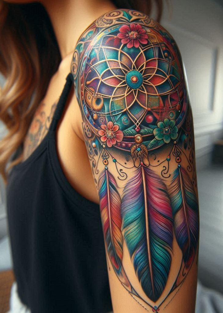 Dream Catcher Tattoos: 13 Dreamy Designs to Catch Your Eye | Pocoko Balance of Nature: Tribal Dreamcatcher with Sun and Moon Symbols: Embrace the harmony within your dreams with a tribal-style dreamcatcher tattoo. The dreamcatcher features a central design with a stylized sun on one side and a stylized moon on the other, while the webbing is adorned with flowing lines. This design represents the balance between light and dark, logic and intuition, influencing your dreamscape.
