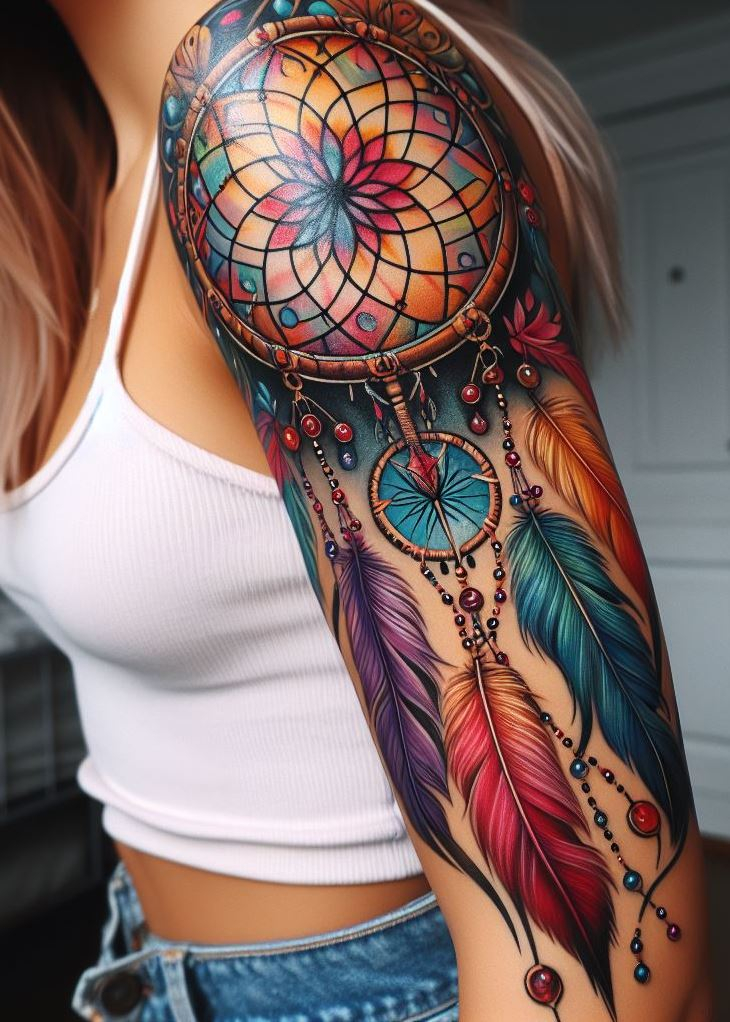 Dream Catcher Tattoos: 13 Dreamy Designs to Catch Your Eye | Pocoko Ancestral Guidance: Tribal Dreamcatcher with Totem Animal Symbols and Beads: Personalize your dreamcatcher with a tribal-style design featuring your chosen totem animal symbol woven into the center. The dreamcatcher features bold lines and geometric patterns, with additional beads woven into the design. This design represents the guidance and protection of your ancestral spirits and their wisdom filtering your dreamscape.