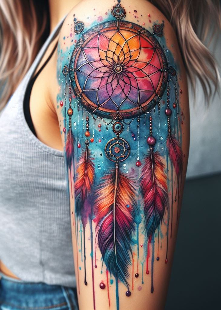Dream Catcher Tattoos: 13 Dreamy Designs to Catch Your Eye | Pocoko Dreamy Waterscape: Watercolor Dreamcatcher with Flowing Blue Hues: Capture the calming essence of water with a dreamcatcher tattoo in a vibrant watercolor style. The dreamcatcher itself is outlined in black, while the intricate webbing within is filled with flowing blue hues, symbolizing the cleansing and restorative power of water on your dreams.