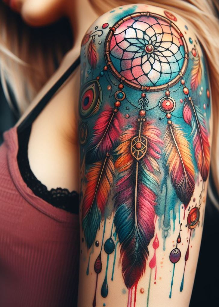 Dream Catcher Tattoos: 13 Dreamy Designs to Catch Your Eye | Pocoko Watercolor Dreamcatcher with Lush Greens and Earthy Tones: Embrace the magic of the forest with a dreamcatcher tattoo in a soft watercolor style. Delicate vines and leaves are painted within the dreamcatcher in shades of green and brown, symbolizing the grounding energy of nature and the filtering of peaceful dreams from the depths of the woods.