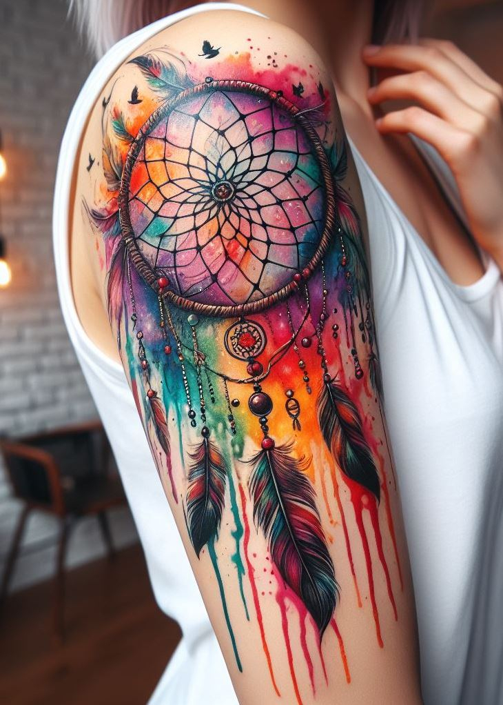 Dream Catcher Tattoos: 13 Dreamy Designs to Catch Your Eye | Pocoko Watercolor Dreamcatcher with Swirling Galaxies: Embrace the vastness of the universe with a mesmerizing watercolor dreamcatcher tattoo. The dreamcatcher features a central design painted in swirling pinks and blues, resembling a distant galaxy. Feathers in vibrant hues are woven into the design, representing the connection between your dreams and the cosmos, hinting at the mysteries yet to be unraveled.