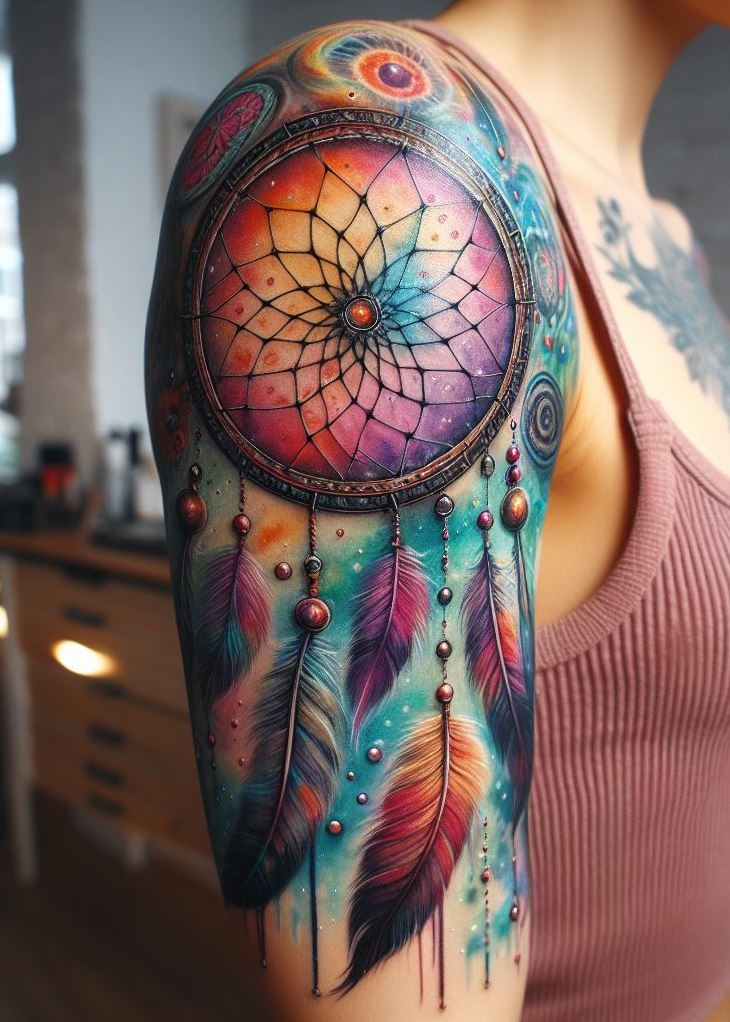 Dream Catcher Tattoos: 13 Dreamy Designs to Catch Your Eye | Pocoko Watercolor Dreamcatcher with Earthy Browns and Turquoise Accents: Capture the mystical beauty of the desert with a dreamcatcher tattoo in a captivating watercolor style. The dreamcatcher features a central design painted in shades of brown and orange, resembling a desert landscape. Delicate feathers and turquoise beads are woven into the design, representing the resilience and wisdom found in the desert, fostering focus and clarity within your dreamscape.