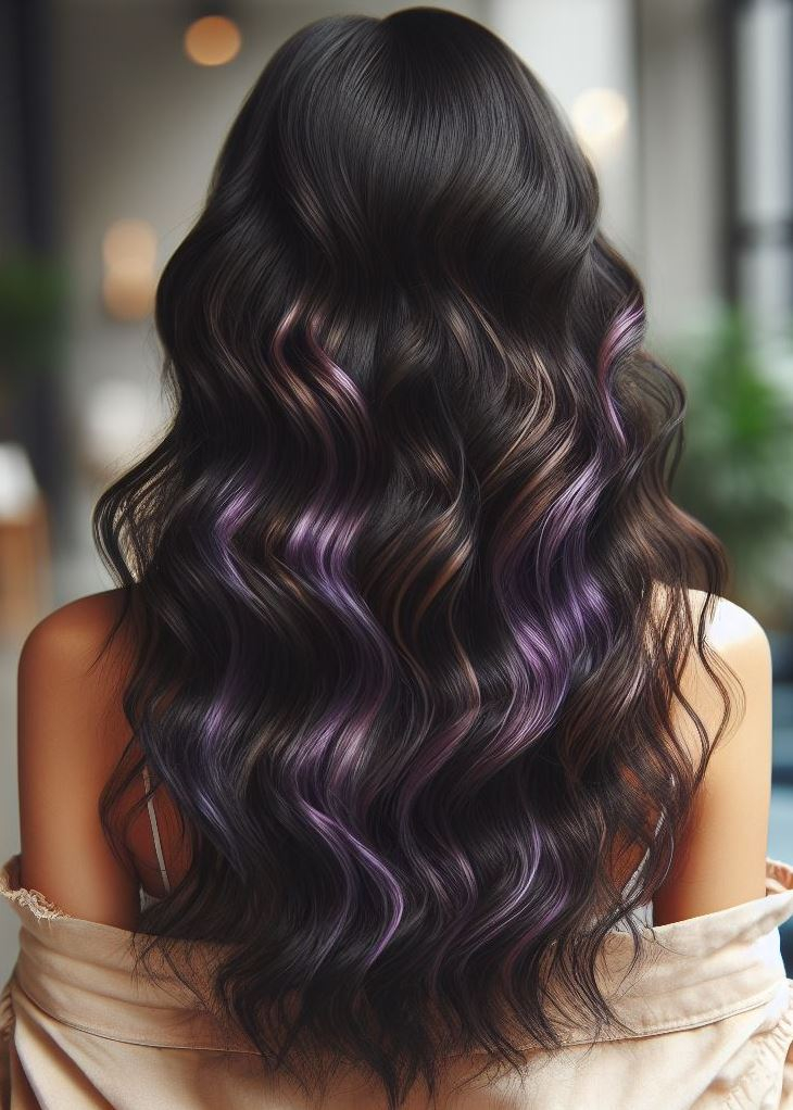Healthy Hair Hacks: How to Keep Your Hair Color Vibrant | Pocoko Subtle & Stunning: Violet Accents for Wavy Hair. ✨ Delicate violet highlights add a touch of whimsy to thick, healthy waves.