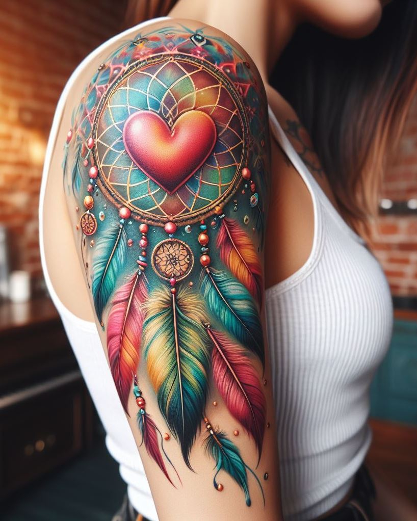 Dream Catcher Tattoos: 13 Dreamy Designs to Catch Your Eye | Pocoko Cupid’s arrow has nothing on the heart-shaped dream catcher tattoo, a design that ensnares the sweetest dreams and only lets love through on your arm.