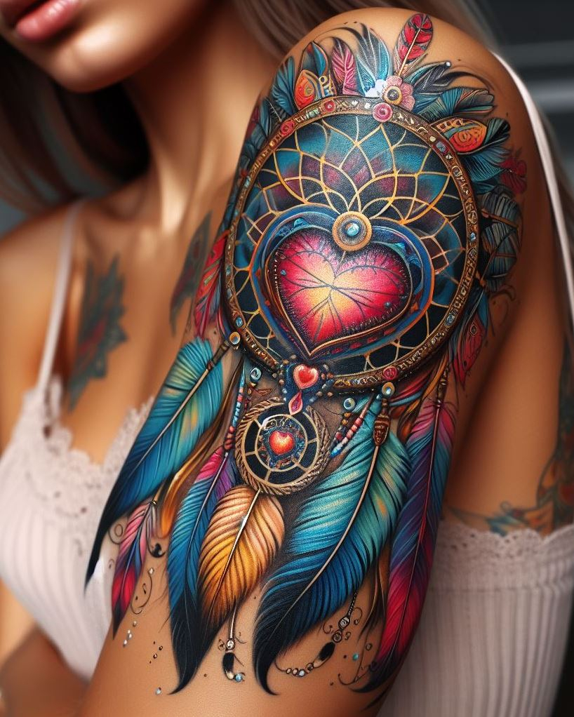 Dream Catcher Tattoos: 13 Dreamy Designs to Catch Your Eye | Pocoko A heart-shaped dream catcher tattoo is a canvas of emotions, elegantly entwined on your arm, catching dreams and weaving tales of love and bravery.