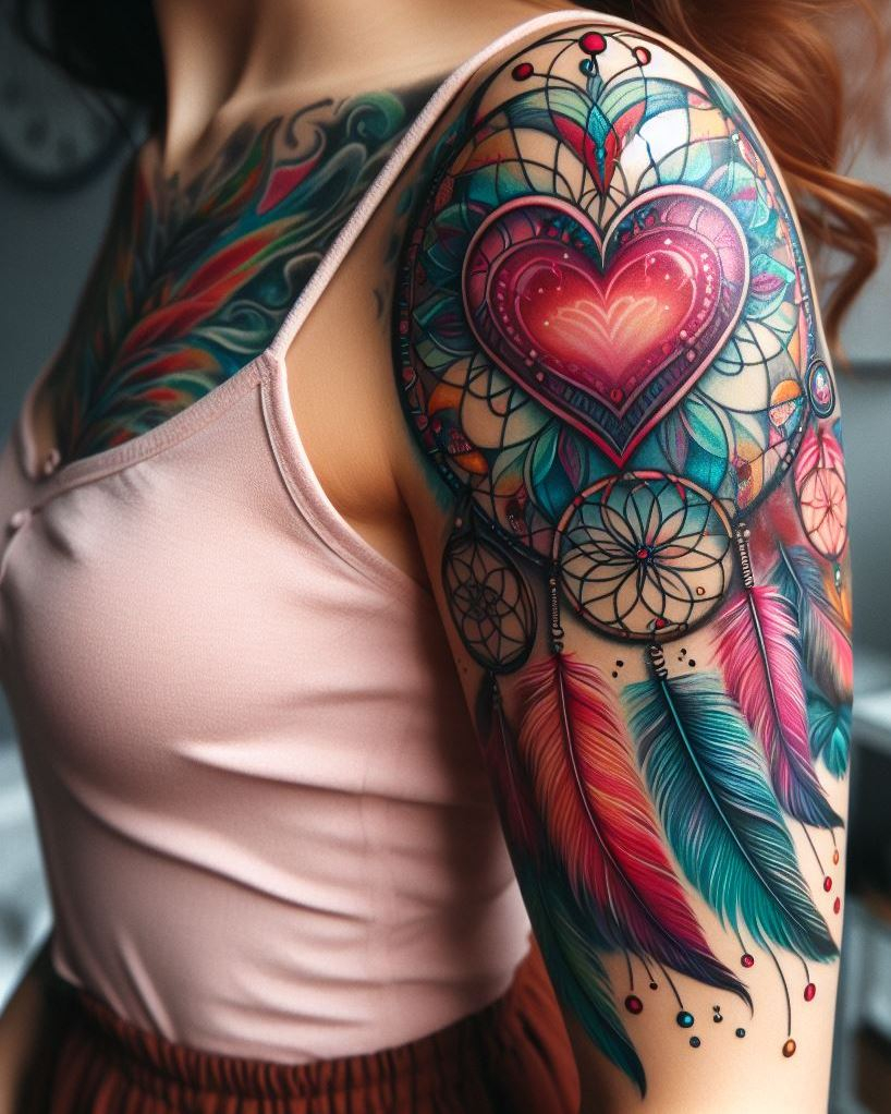 Dream Catcher Tattoos: 13 Dreamy Designs to Catch Your Eye | Pocoko Dreams of love take form in a heart-shaped dream catcher tattoo, a symbol of romance and resilience that adorns your arm with its delicate embrace.