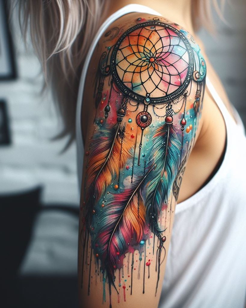 Dream Catcher Tattoos: 13 Dreamy Designs to Catch Your Eye | Pocoko Catch your dreams and wear them on your sleeve with this vibrant watercolor dream catcher tattoo. It’s not just a splash of color; it’s a splash of your aspirations!