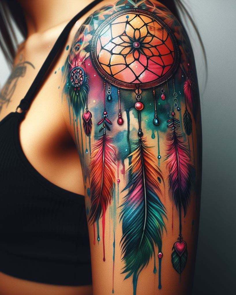 Dream Catcher Tattoos: 13 Dreamy Designs to Catch Your Eye | Pocoko Dream boldly in technicolor with a watercolor dream catcher tattoo that’s as dreamy as your biggest ambitions. It’s the perfect blend of art and dreams!