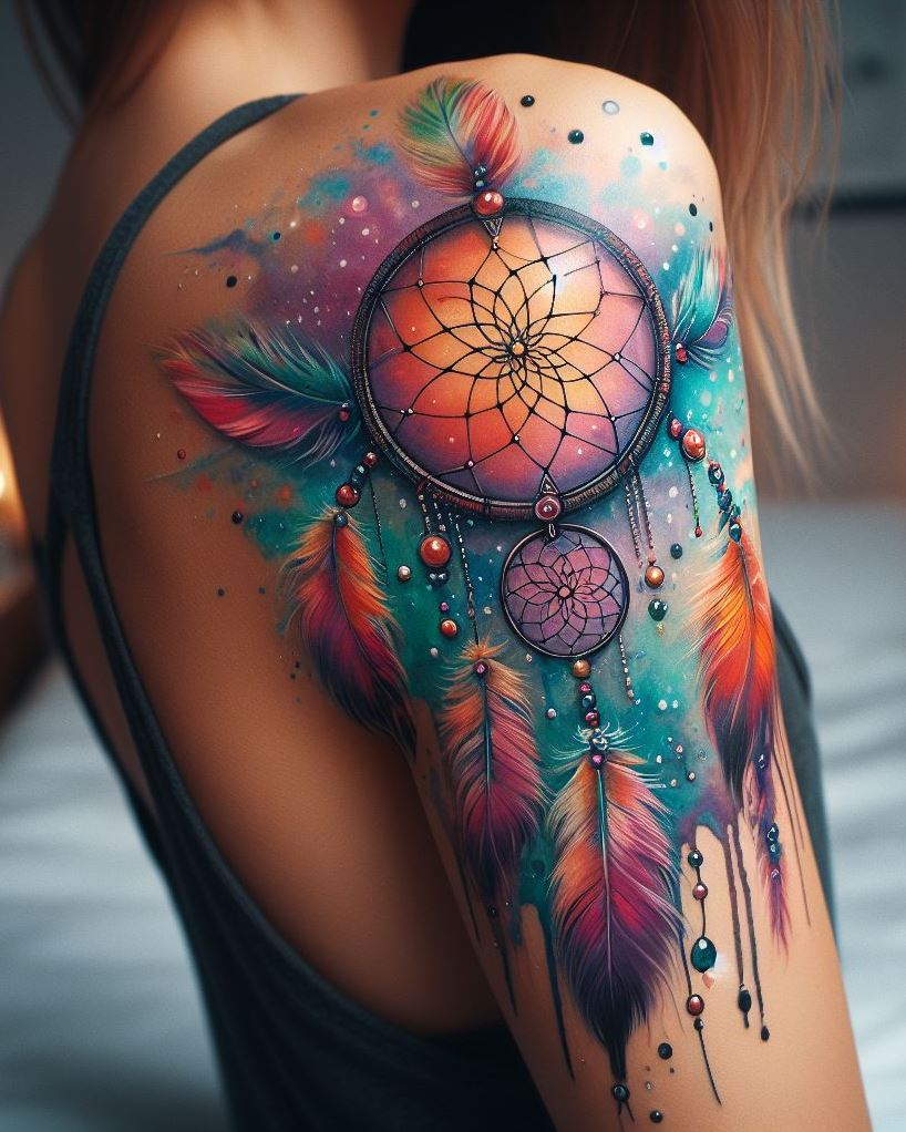 Dream Catcher Tattoos: 13 Dreamy Designs to Catch Your Eye | Pocoko A watercolor dream catcher tattoo is a whisper of your innermost dreams, painted in the colors of your spirit. Let it be your arm’s most enchanting ornament.