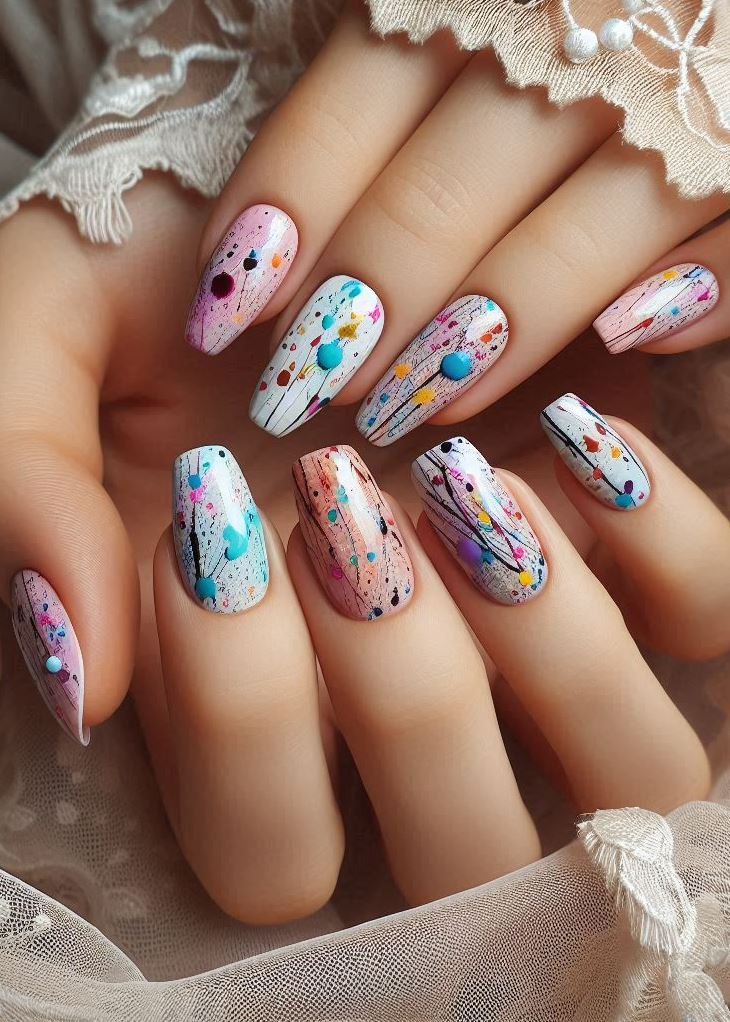 Abstract Nail Art: It's Not Just Random Splotches (We Promise!) | Pocoko “Ink-Splosion Chic”: These nails are like a Jackson Pollock masterpiece—splatters of neon paint dancing across a midnight black canvas. When you wear them, it’s like your fingertips attended an avant-garde gallery opening. 🎨💅