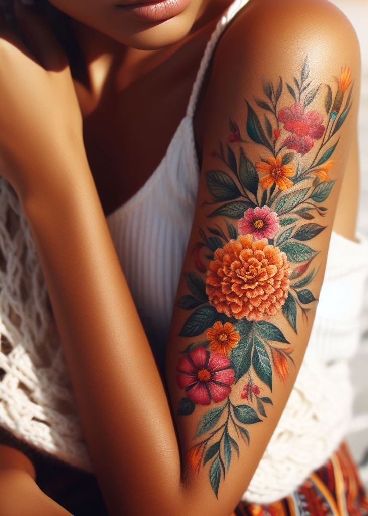 Embrace vibrant beauty with a marigold garland birth flower tattoo. This design symbolizes warmth and creativity, perfect for October birthdays.