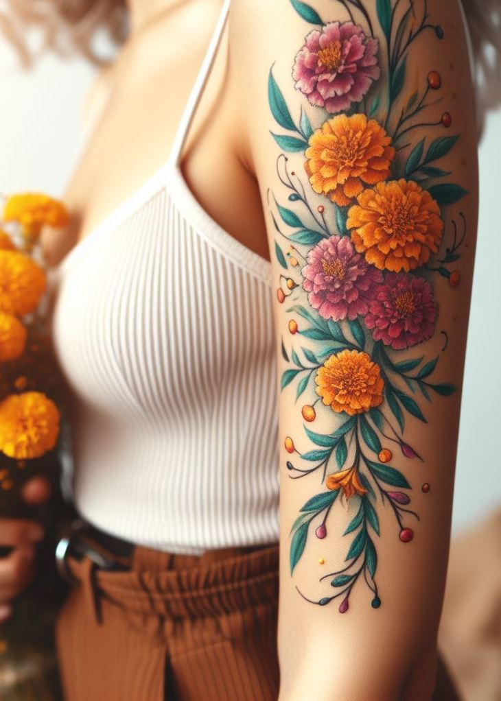 Celebrate your birth month with a stunning marigold garland birth flower tattoo. These flowers represent passion and positivity.