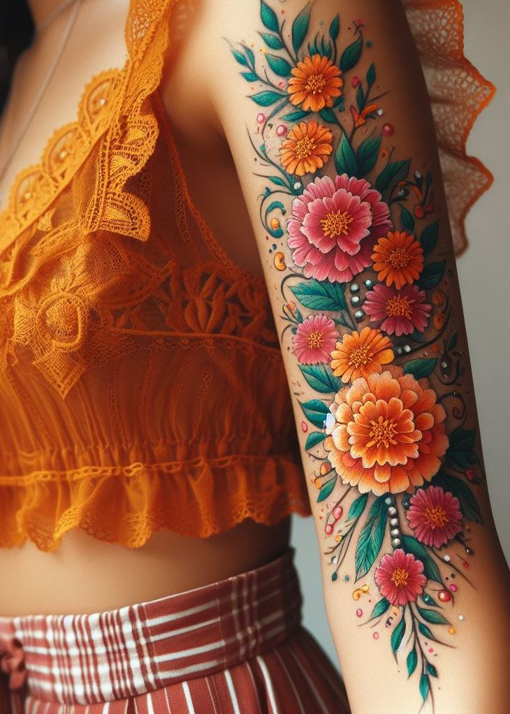 A marigold garland birth flower tattoo adds a touch of elegance and vibrancy to your skin. Ideal for those who cherish October blooms.