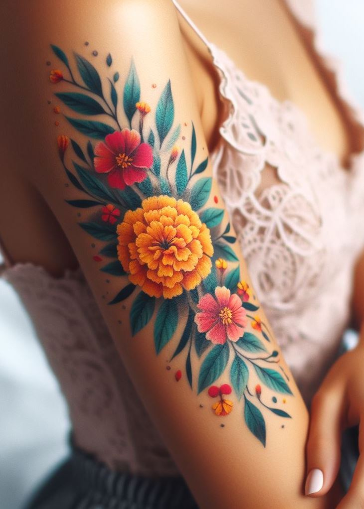 Show off your birth flower with a marigold garland birth flower tattoo. This design symbolizes joy and celebration.