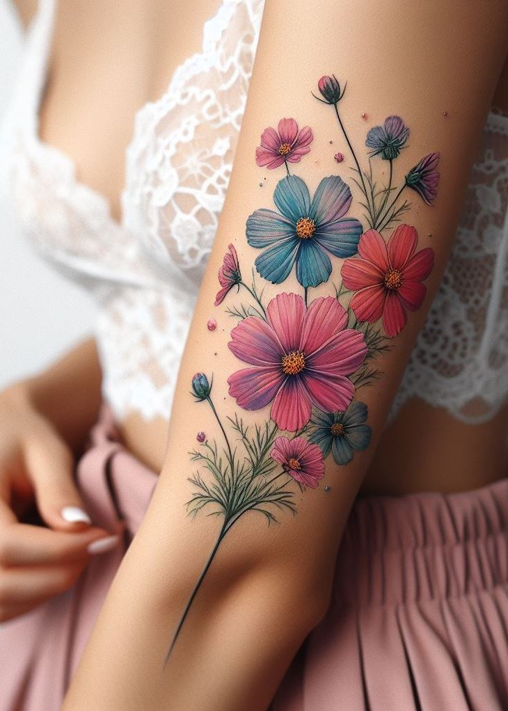 Celebrate your birth month with a cosmos bouquet birth flower tattoo. These delicate flowers symbolize harmony and peace.