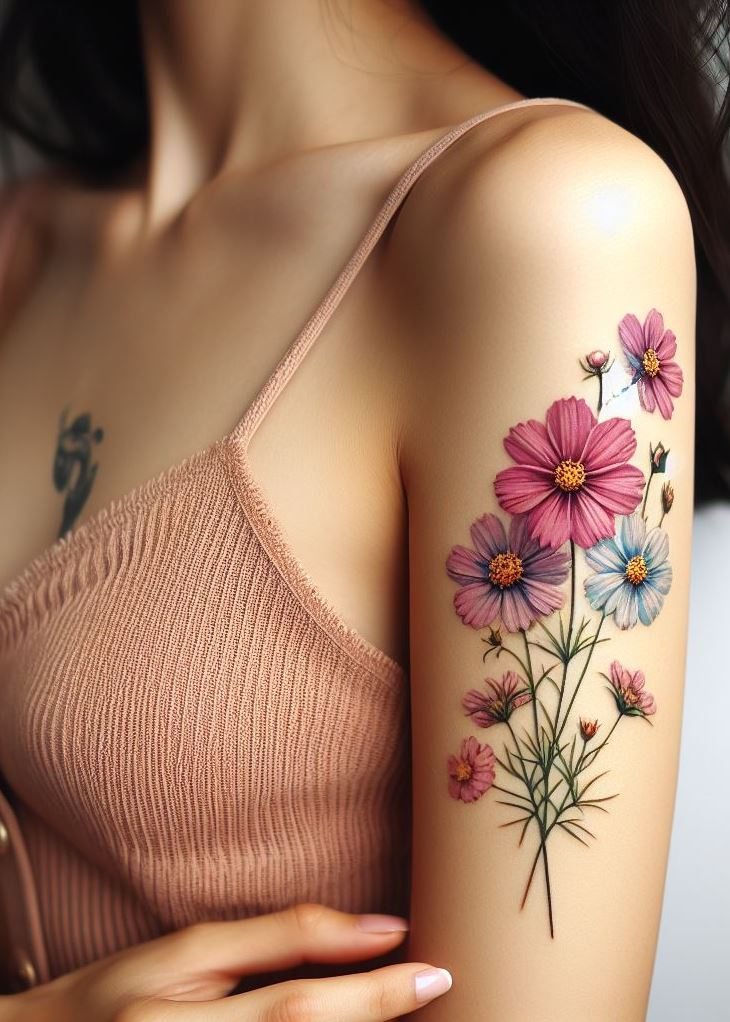 Adorn your skin with the beauty of a cosmos bouquet birth flower tattoo. Perfect for those who cherish tranquility and simplicity.