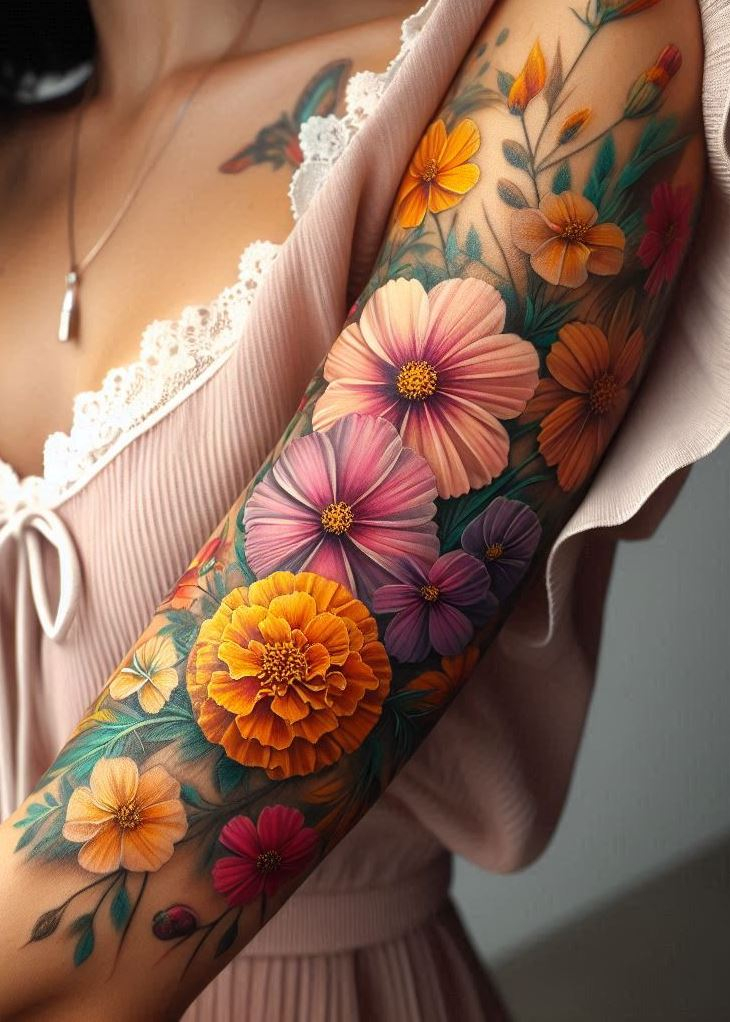 Combine symbols of creativity and harmony with a marigold and cosmos birth flower tattoo. Perfect for October-born individuals.