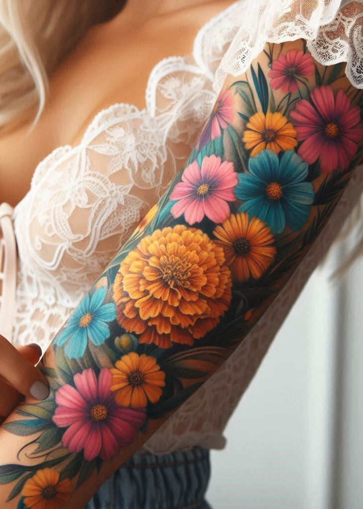 Celebrate your birth month with a marigold and cosmos birth flower tattoo. This unique design blends the meanings of both flowers beautifully.