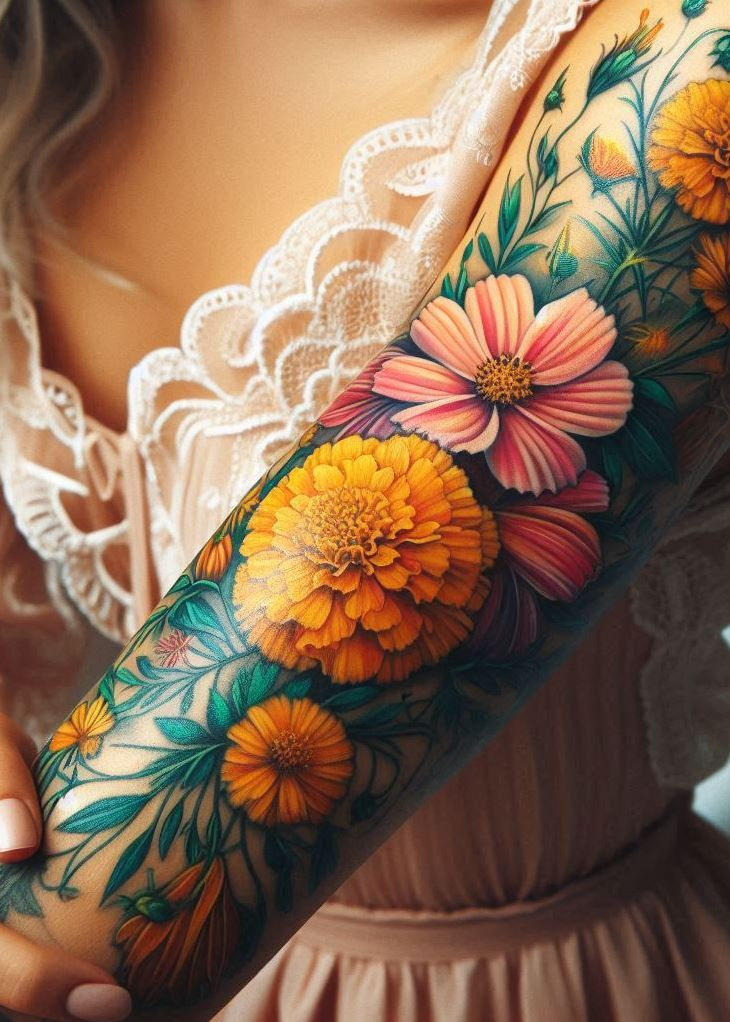Adorn your skin with a marigold and cosmos birth flower tattoo. This combination brings a vibrant and peaceful touch to your body art.