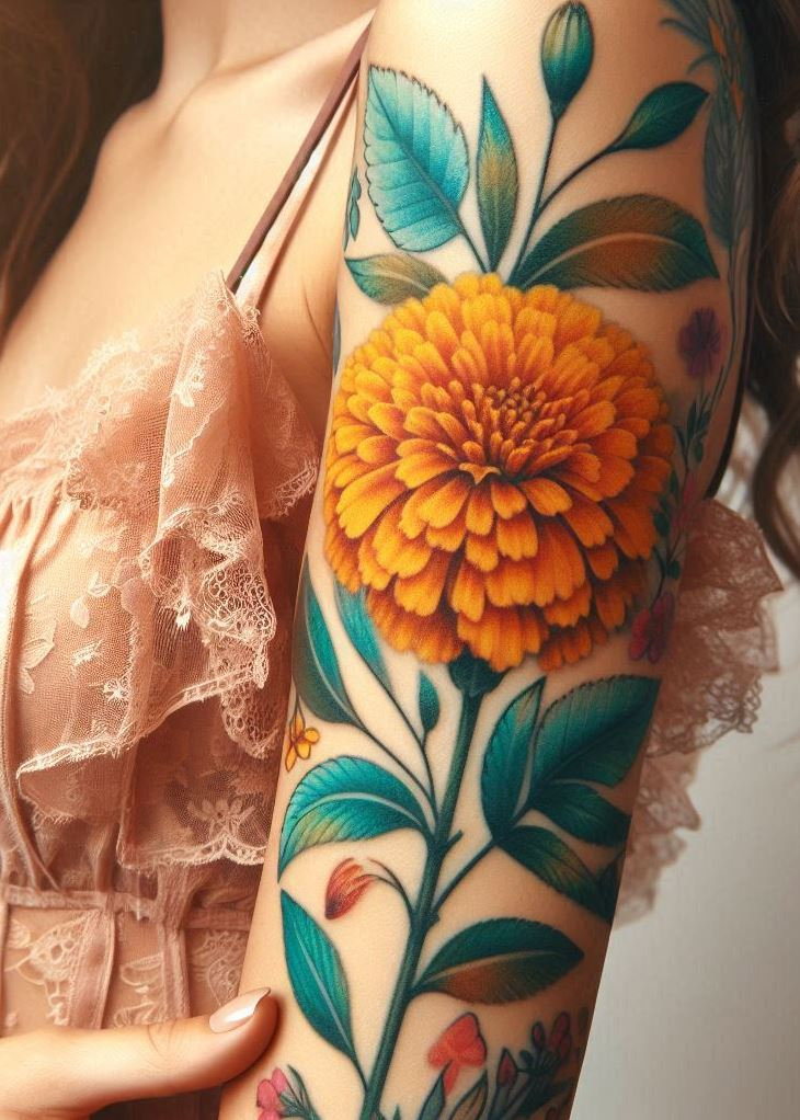 A single marigold birth flower tattoo symbolizes passion and creativity. Perfect for those who appreciate the beauty of simplicity.