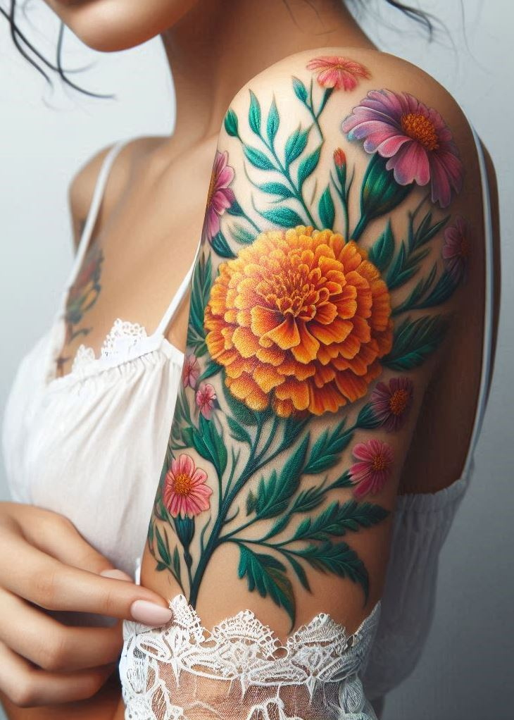 Celebrate your birth month with a single marigold birth flower tattoo. This elegant design captures the essence of vibrancy and warmth.