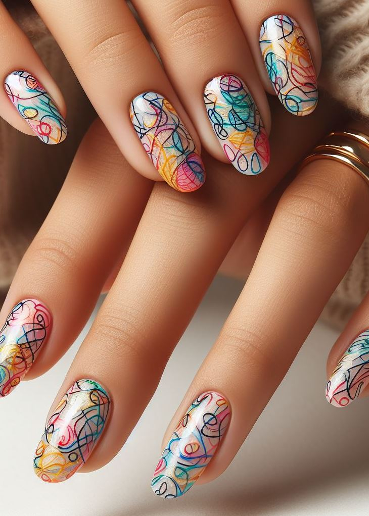 Abstract Nail Art: It's Not Just Random Splotches (We Promise!) | Pocoko Geometric Sonata: These nails play with angles and rhythm. Triangles, zigzags, and straight lines compose a modern opus. It’s like Mondrian met Mozart. 🎹🔷