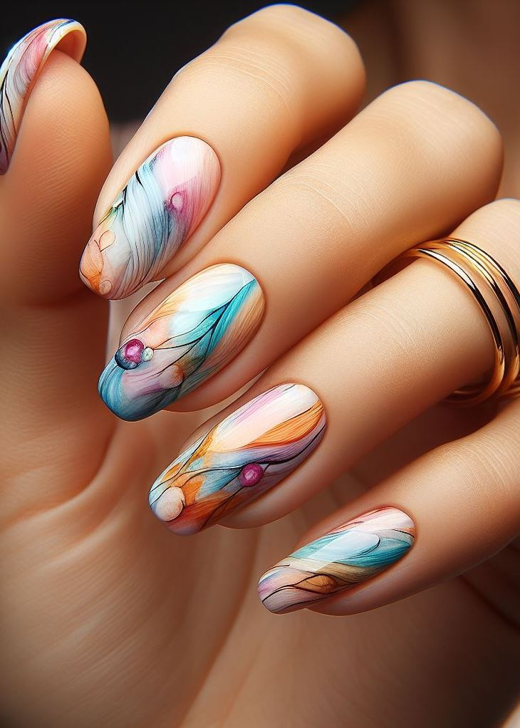 Abstract Nail Art: It's Not Just Random Splotches (We Promise!) | Pocoko Ethereal Hues: Dive into a watercolor wonderland with these dreamy nail blends. Soft pastels swirl together, creating a canvas of tranquility for your fingertips. 🌈