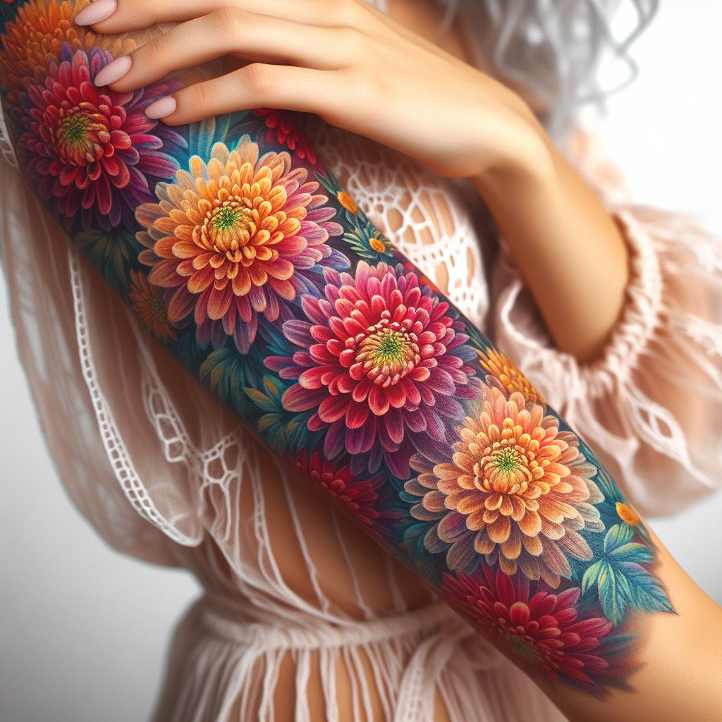 Celebrate your birth month with a chrysanthemum cluster birth flower tattoo. This colorful design symbolizes happiness and longevity.