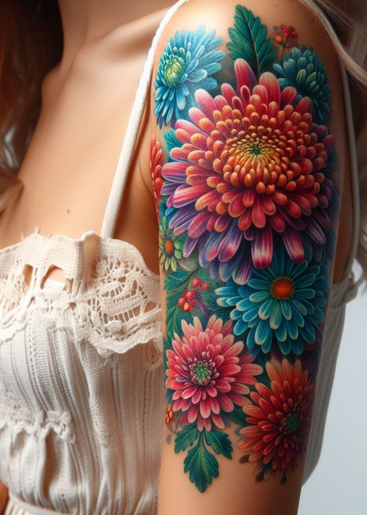 Adorn your skin with a vibrant chrysanthemum cluster birth flower tattoo. Perfect for those who love the diversity of November blooms.