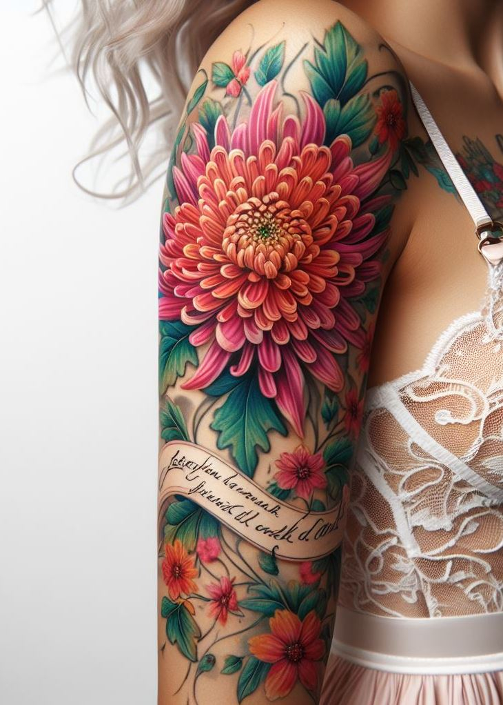 Celebrate your birth month with a chrysanthemum and script birth flower tattoo. This design intertwines flowers and wisdom beautifully.
