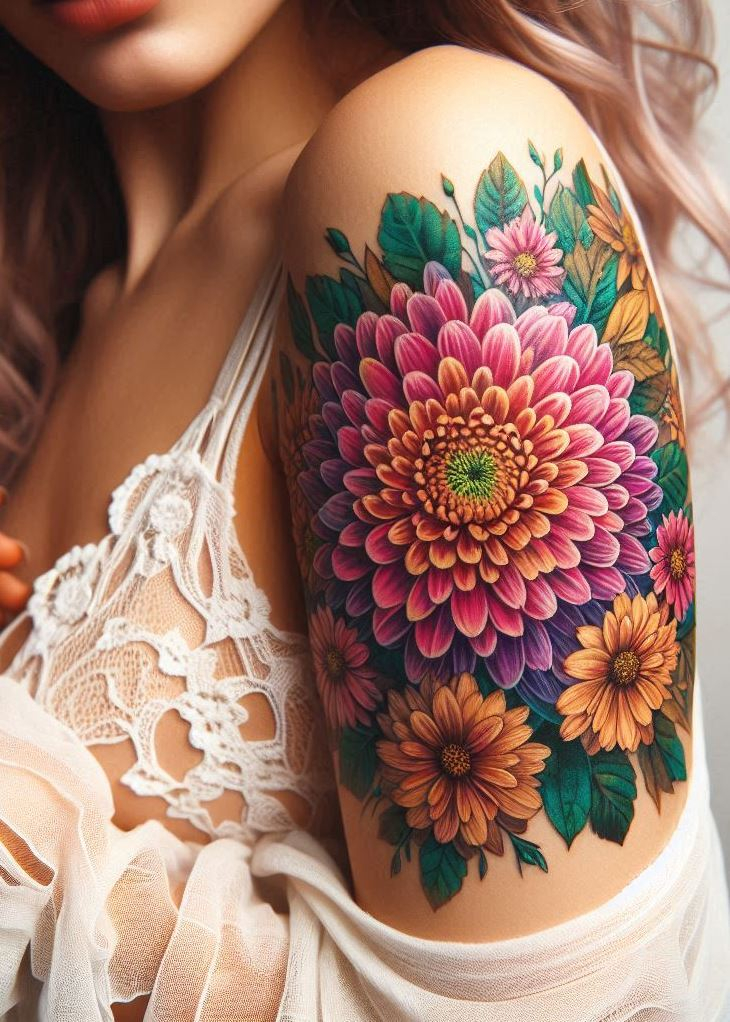 A chrysanthemum wreath birth flower tattoo captures the essence of abundance and happiness. Perfect for those who appreciate circular designs.