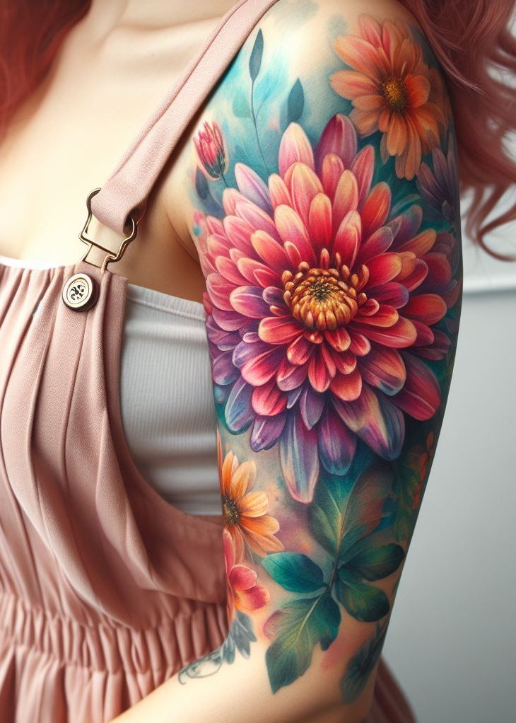 Adorn your skin with a watercolor chrysanthemum birth flower tattoo. Perfect for those who love the blend of art and nature.
