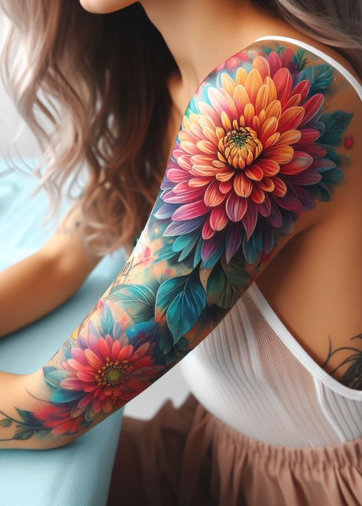 A watercolor chrysanthemum birth flower tattoo captures the essence of beauty and creativity. Ideal for November-born individuals.