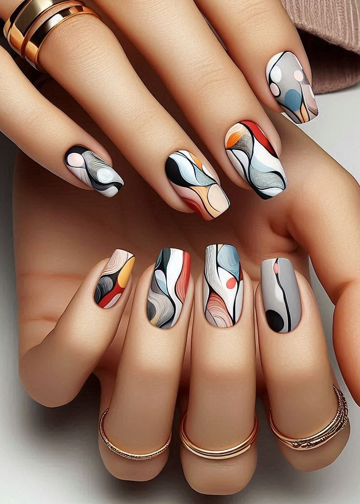 Abstract Nail Art: It's Not Just Random Splotches (We Promise!) | Pocoko Beyond Black & White: Monochrome Abstract Nails in Shades of Gray Ditch the boring basics and embrace the beauty of gray with Monochrome Abstract Nails! Play with different shades of gray, from charcoal to pearl, creating swirling patterns, geometric shapes, or even marbled effects for a sophisticated and artistic look on your fingertips.