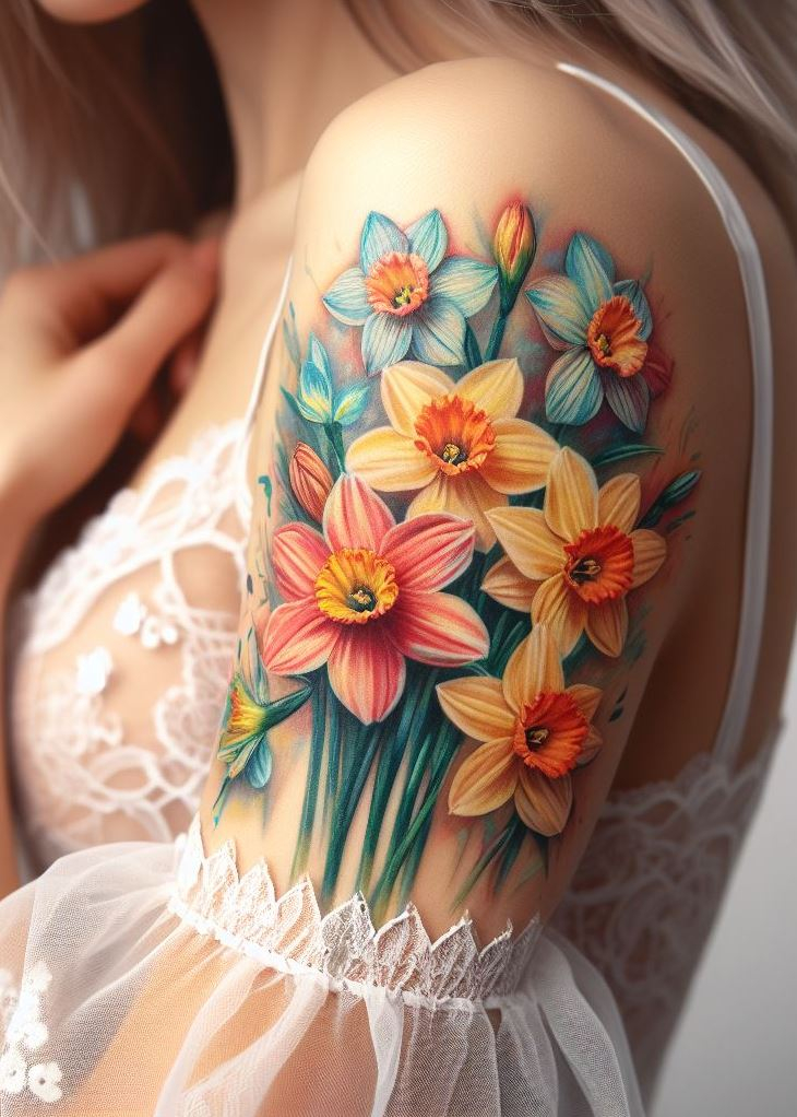 Celebrate your birth month with a narcissus bouquet birth flower tattoo. These delicate flowers symbolize renewal and new beginnings.