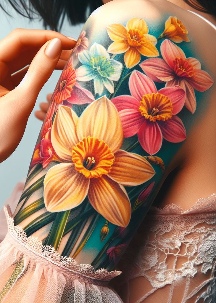 Adorn your skin with the beauty of a narcissus bouquet birth flower tattoo. Perfect for those who cherish fresh starts and the promise of spring.